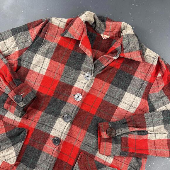 VTG Vic Gene Wool Flannel Shirt Women XL Red Black Plaid Midweight Button Up 60s - Picture 2 of 8